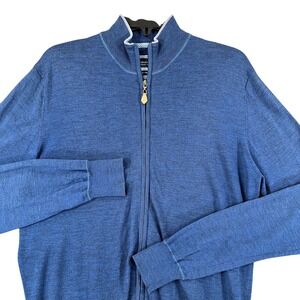Thomas Maine Full Zip Sweater Mens M Merino Wool Mock Neck Blue Casual